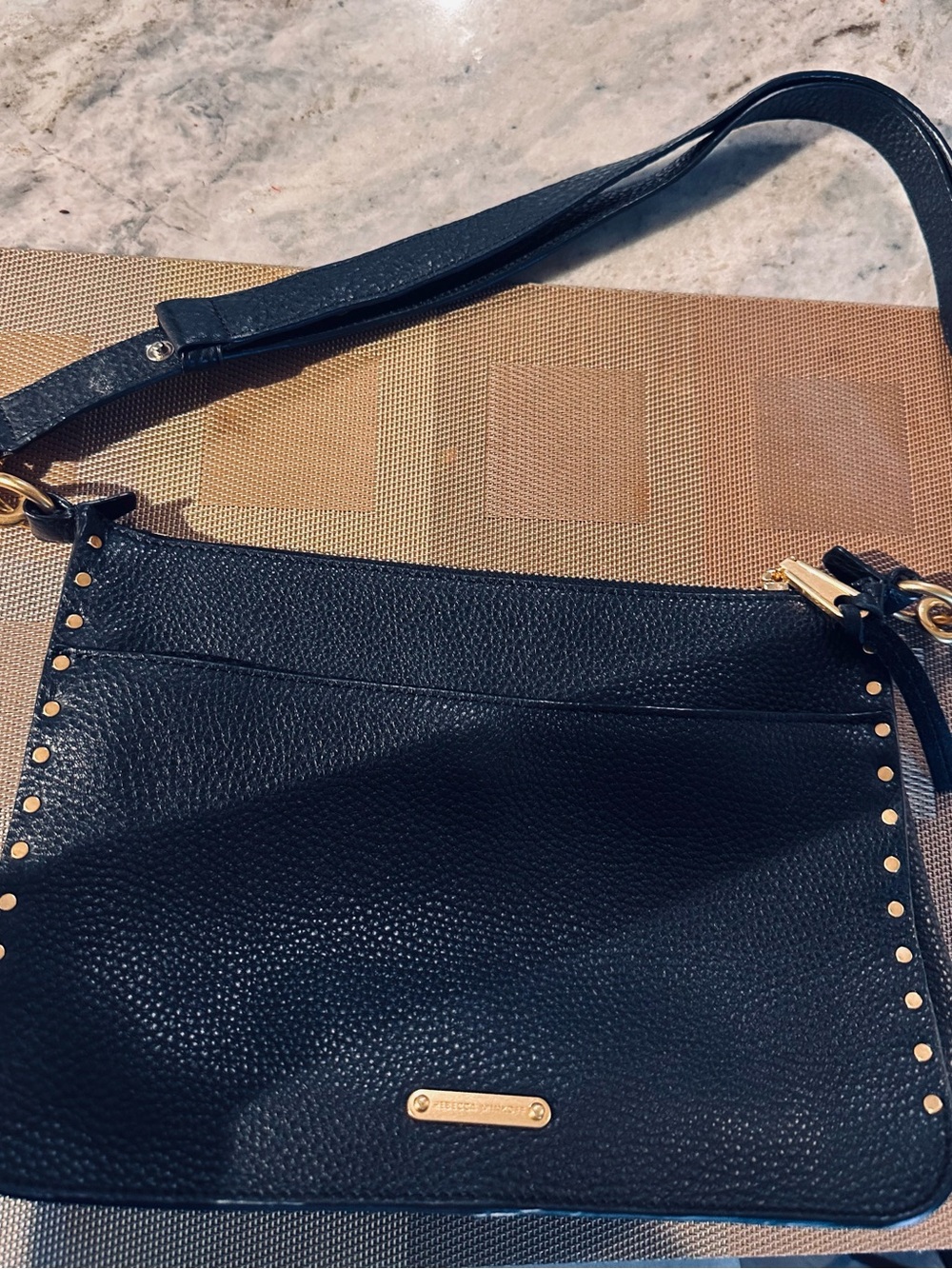 Black Pebbled Grain Leather Crossbody with Gold Stud Trim